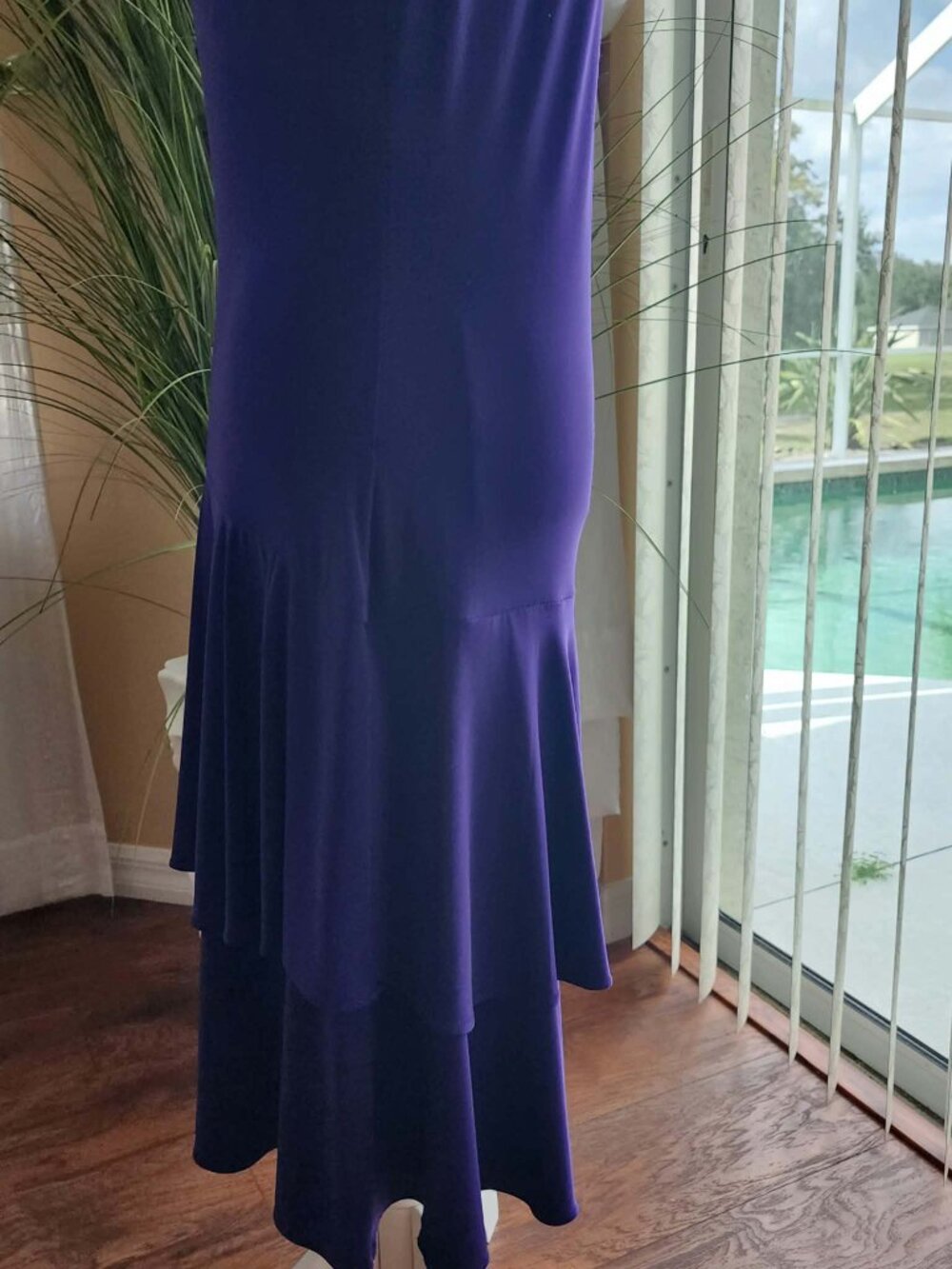 American Living Purple Ruffle Midi Dress Size 12 Ruched Flattering Fit - Picture 5 of 10